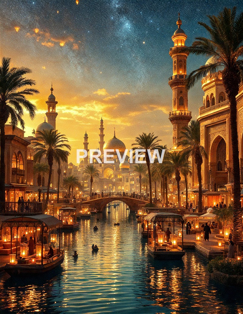 A picturesque scene of a city with Middle Eastern architectural style, featuring domed buildings, minarets, palm trees, and boats on a canal during sunset or twilight.